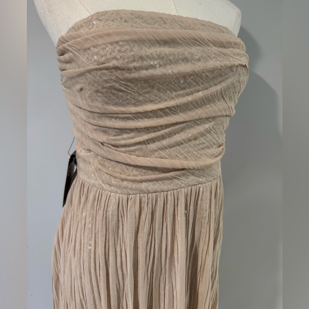NWT Express Shimmering High Low Sequin Strapless Dress in Tan - Picture 2 of 6